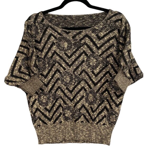 VTG 80s Chevron Batwing Sweater S/M Black Tan Knit Retro Slouchy Y2K Boho Chic - Picture 3 of 12